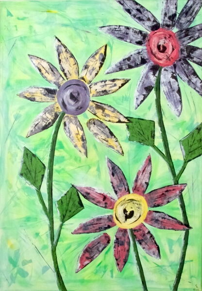 Die 3 Blumen | Unikat | signiert | datiert | Acryl auf Leinwand | Hochformat | 100 x 70 x 2 cm | Schattenfugenrahmen weiß