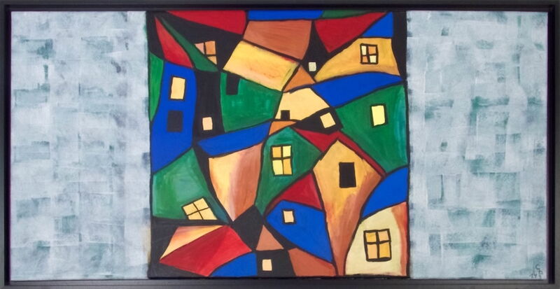 Buntes Stadtbild | Unikat | signiert | datiert | Acryl auf Leinwand | Querformat| 50 x 100 x 2 cm | Schattenfugenrahmen schwarz