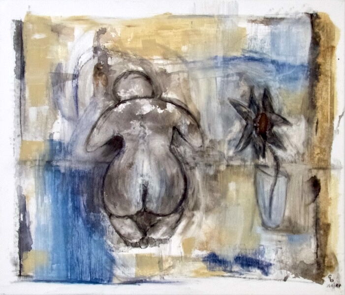 Frau und Blume | Unikat | signiert | datiert | Acryl auf Leinwand | Querformat | 60 x 70 x 2 cm  | ungerahmt