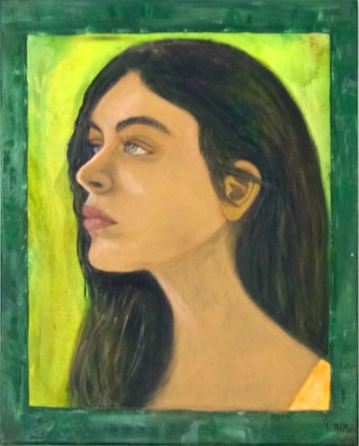 Frau im grünen Rahmen | Unikat | signiert | datiert | Acryl auf Leinwand | Hochformat | ungerahmt | 40 x 30 x 2 cm